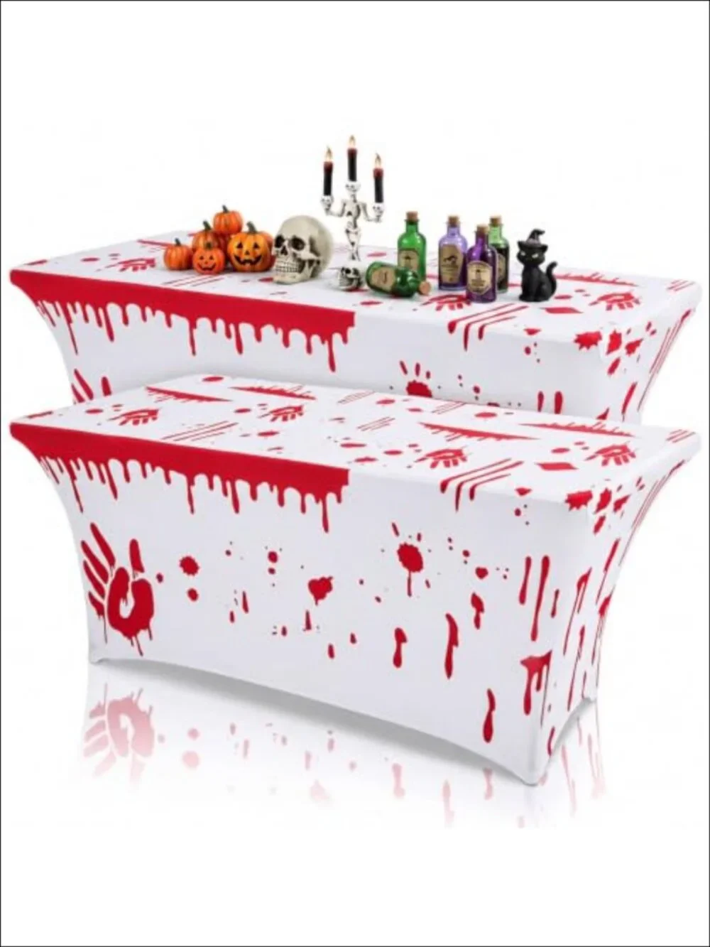 2 Pack Halloween Tablecloth Set 6 ft Stretch Fitted Bloody Handprint